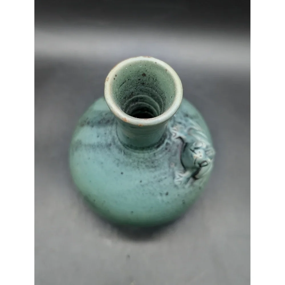 Studio Pottery Frog Bud Vase Celadon Green Speckled Glaze Artisan Stoneware 5.5
